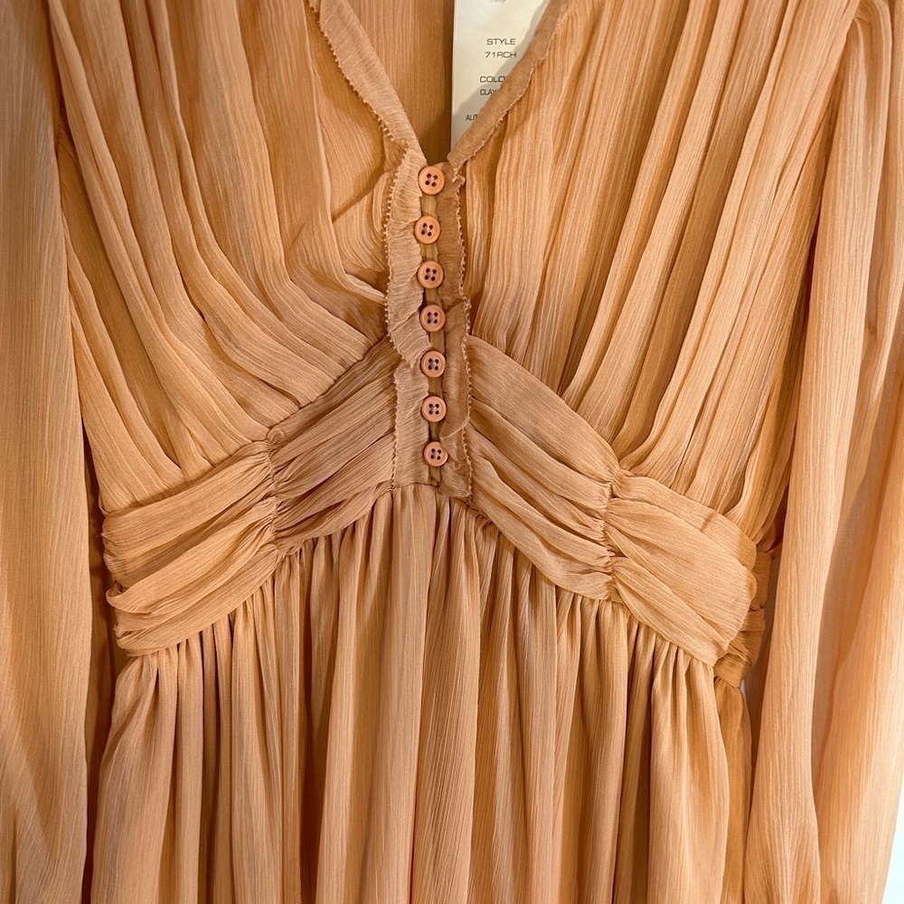 French Connection Akita Pleated Ruffled Long Sleeve Puff MIDI Dress Size 6 Pink - Picture 9 of 16
